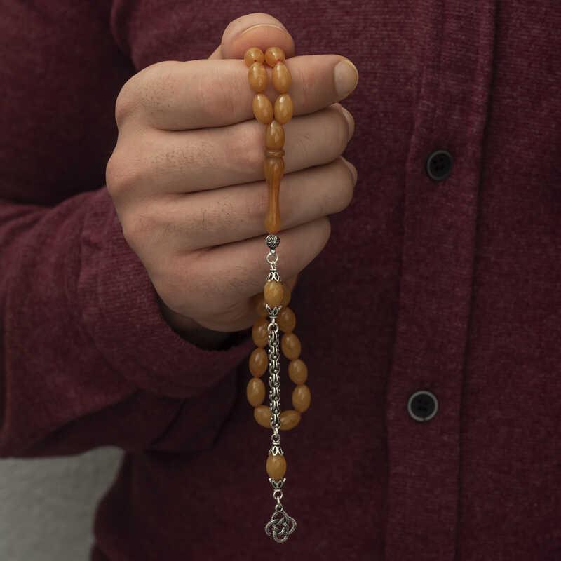 Hk Sıkma Kehribar Arpa Tesbih Gümüş Püskül |Gümüş Takı Hediyelik Ürünler