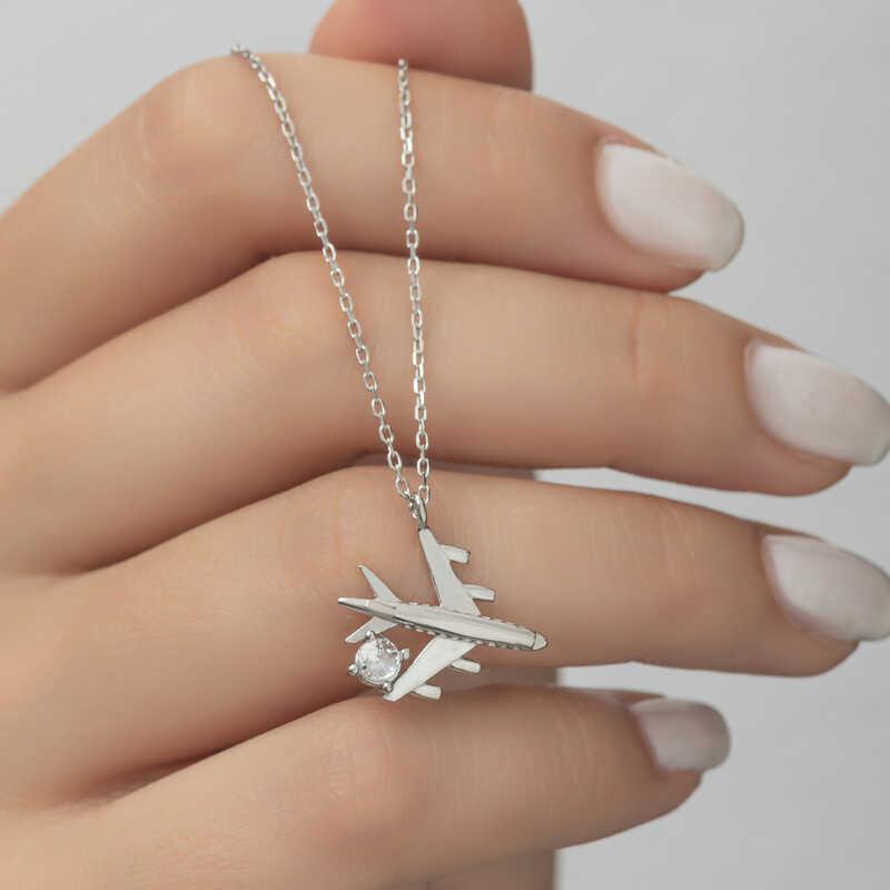 Hk Gümüş Kadın Kolye Rodyum Tek Taşlı Uçak |Gümüş Takı Hediyelik Ürünler
