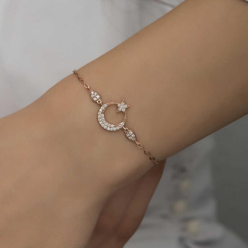 Hk Gümüş Kadın Bileklik Rose Ay Yıldız |Gümüş Takı Hediyelik Ürünler