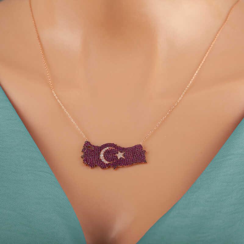 Hk Gümüş Kadın Kolye Rose Ay Yıldız Türkiye Haritası |Gümüş Takı Hediyelik Ürünler