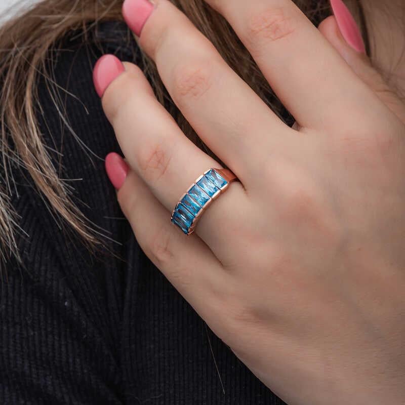 Hk Gümüş Kadın Yüzük Rose Baget Aquamarine Taşlı |Gümüş Takı Hediyelik Ürünler