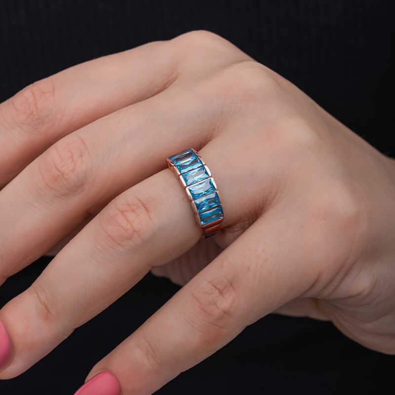 Hk Gümüş Kadın Yüzük Rose Baget Aquamarine Taşlı |Gümüş Takı Hediyelik Ürünler