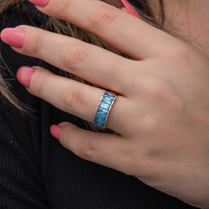 Hk Gümüş Kadın Yüzük Rose Baget Aquamarine Taşlı |Gümüş Takı Hediyelik Ürünler