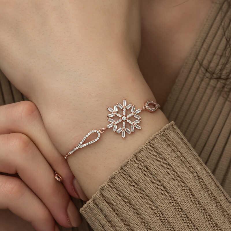 Hk Gümüş Kadın Bileklik Rose Baget Taşlı Kar Tanesi|Gümüş Takı Hediyelik Ürünler
