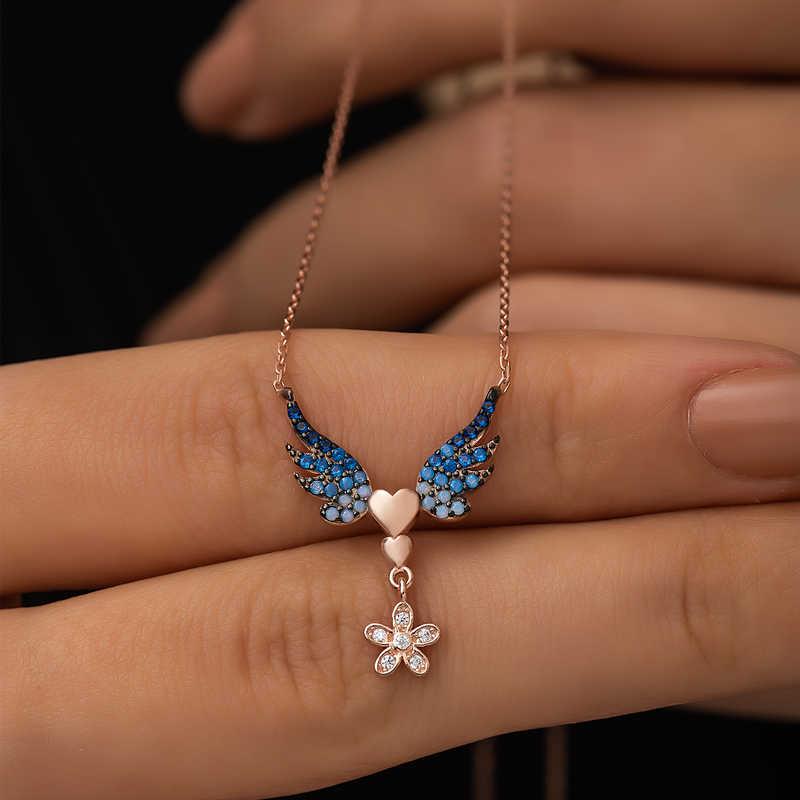 Hk Gümüş Kadın Kolye Rose Çiçekli Kanatlı Kalpli |Gümüş Takı Hediyelik Ürünler