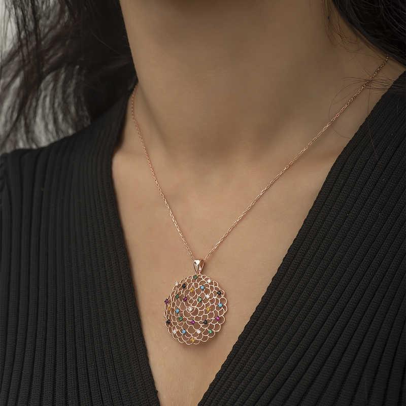 Hk Gümüş Kadın Kolye Rose Geometrik Desenli Madalyon |Gümüş Takı Hediyelik Ürünler
