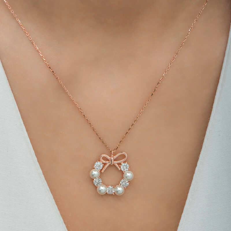 Hk Gümüş Kadın Kolye Rose İnci Kurdele |Gümüş Takı Hediyelik Ürünler