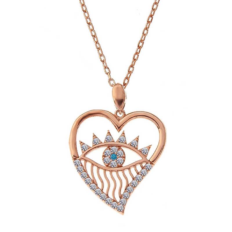 Hk Gümüş Kadın Kolye Rose Kalp Göz |Gümüş Takı Hediyelik Ürünler