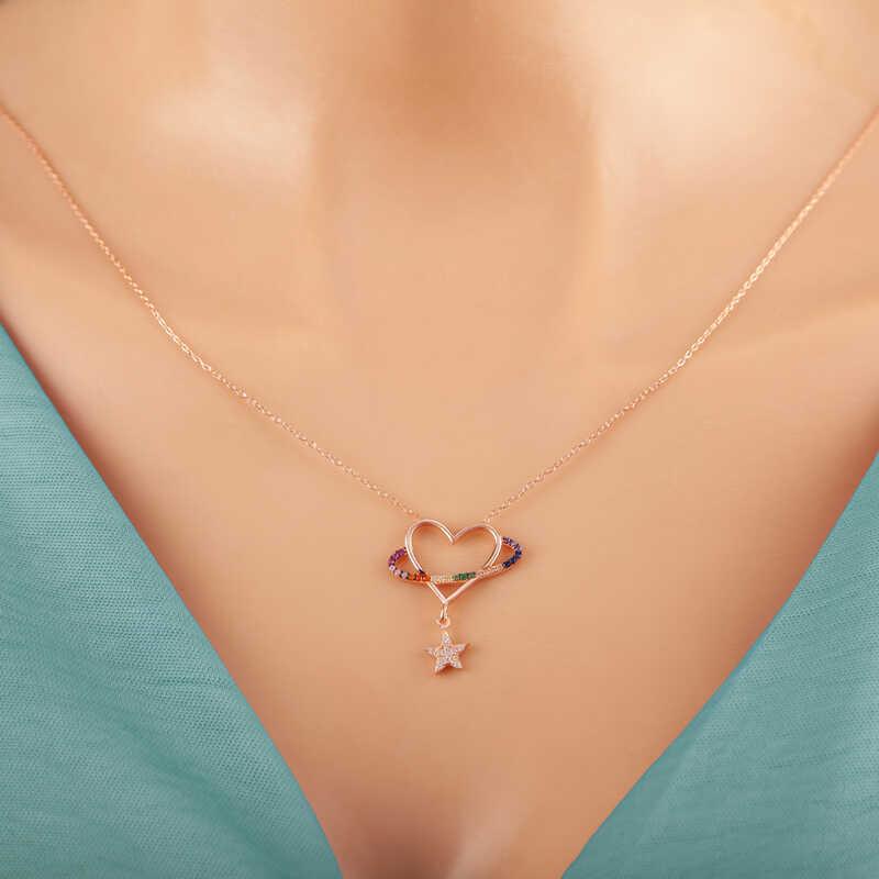Hk Gümüş Kadın Kolye Rose Kalp Yıldız |Gümüş Takı Hediyelik Ürünler
