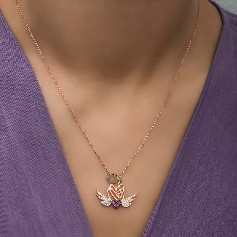 Hk Gümüş Kadın Kolye Rose Kalpli Anne Ve Çocuk|Gümüş Takı Hediyelik Ürünler