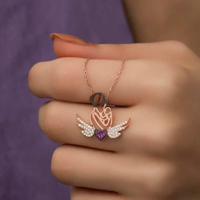 Hk Gümüş Kadın Kolye Rose Kalpli Anne Ve Çocuk|Gümüş Takı Hediyelik Ürünler