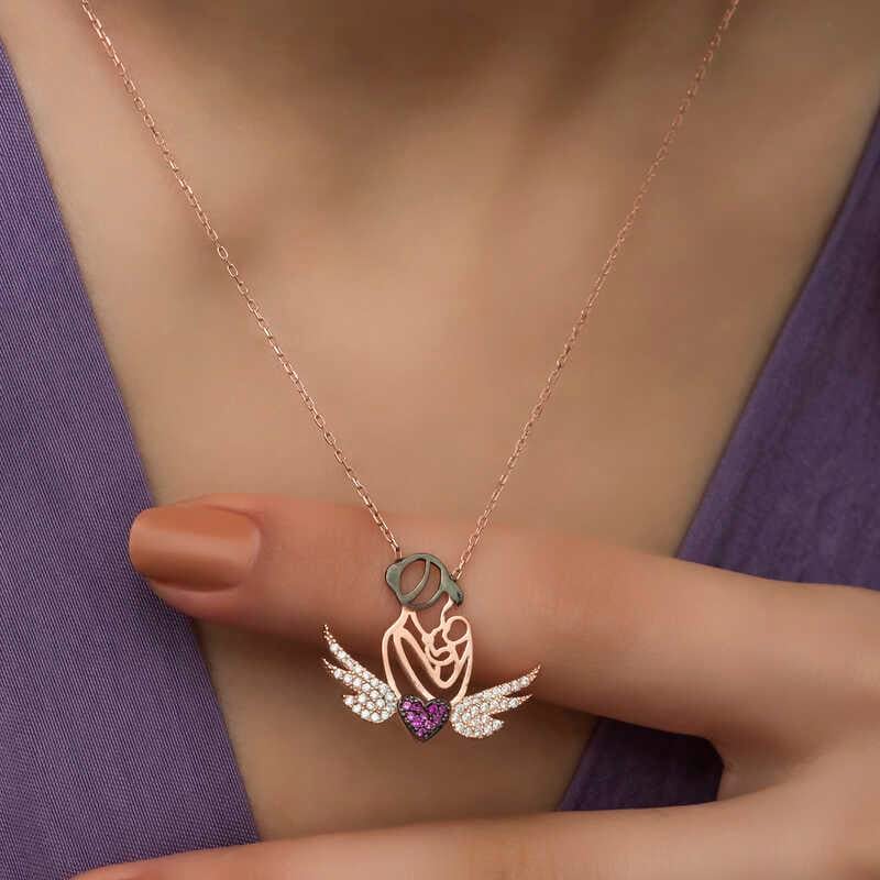 Hk Gümüş Kadın Kolye Rose Kalpli Anne Ve Çocuk|Gümüş Takı Hediyelik Ürünler