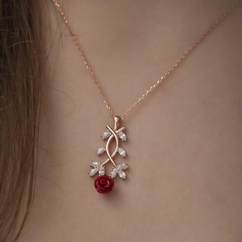 Hk ​Gümüş Kadın Kolye Rose Kırmızı Gül |Gümüş Takı Hediyelik Ürünler