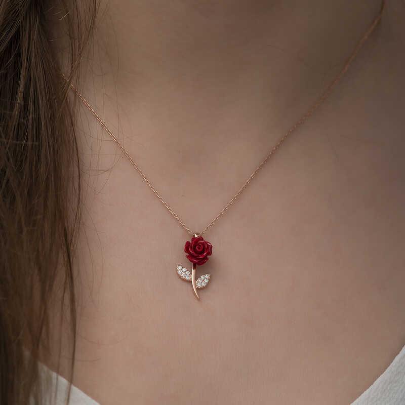 Hk ​Gümüş Kadın Kolye Rose Kırmızı Gül |Gümüş Takı Hediyelik Ürünler