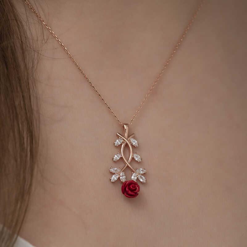 Hk ​Gümüş Kadın Kolye Rose Kırmızı Gül |Gümüş Takı Hediyelik Ürünler
