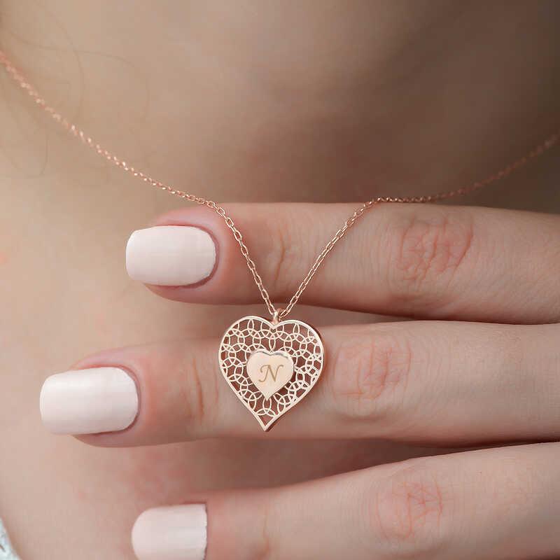 Hk ​Gümüş Kadın Kolye Rose Kişiye Özel Kalbin İçinde Kalp |Gümüş Takı Hediyelik Ürünler