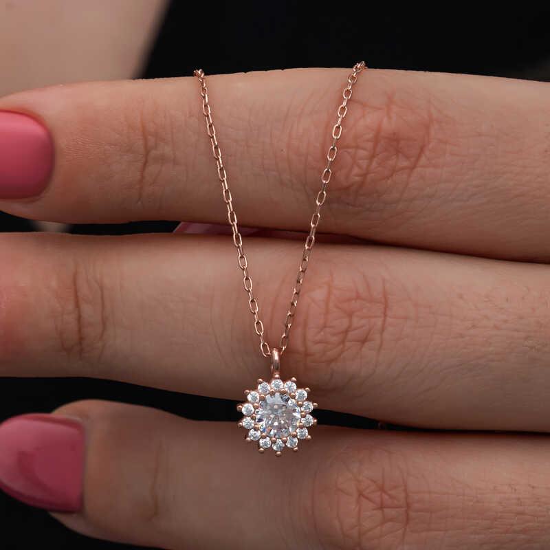 Hk Gümüş Kadın Kolye Rose Minimal Yuvarlak Anturaj |Gümüş Takı Hediyelik Ürünler