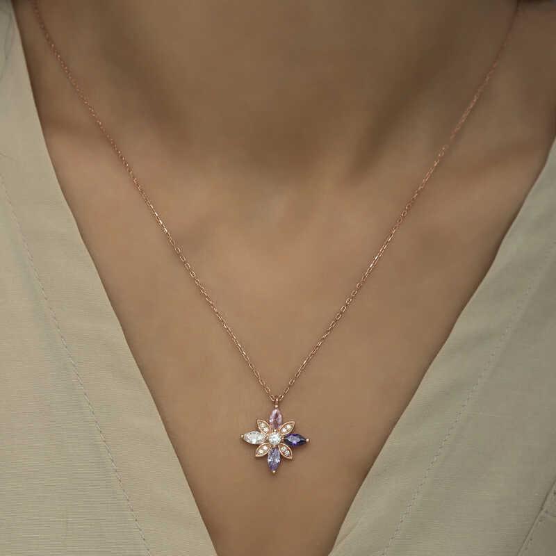 Hk Gümüş Kadın Kolye Rose Mix Taşlı Umut Çiçeği |Gümüş Takı Hediyelik Ürünler