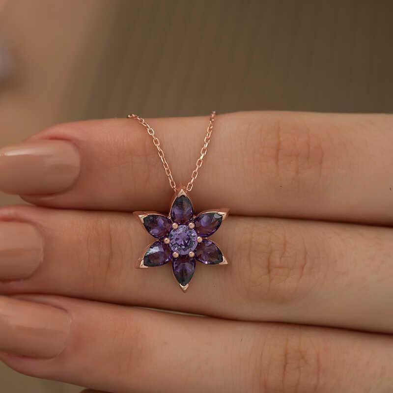 Hk ​Gümüş Kadın Kolye Rose Mor Çiçek |Gümüş Takı Hediyelik Ürünler