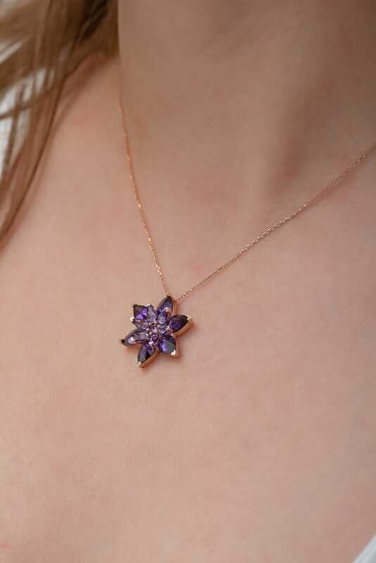 Hk Gümüş Kadın Kolye Rose Mor Lotus Çiçeği |Gümüş Takı Hediyelik Ürünler