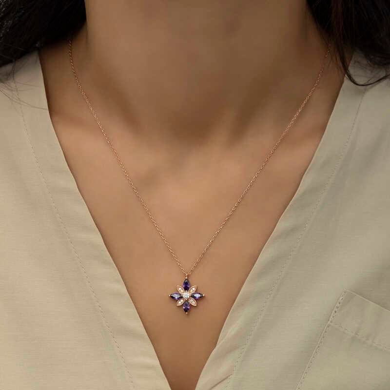 Hk Gümüş Kadın Kolye Rose Mor Taşlı Umut Çiçeği |Gümüş Takı Hediyelik Ürünler