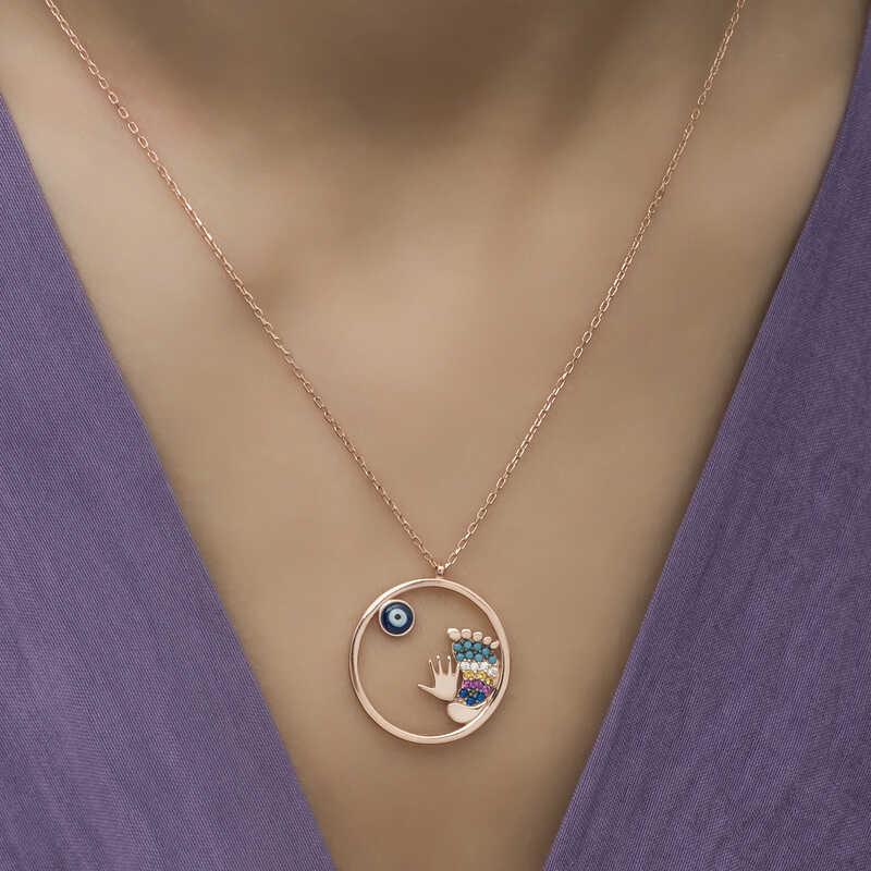 Hk Gümüş Kadın Kolye Rose Nazarlı El ve Ayak İzi |Gümüş Takı Hediyelik Ürünler