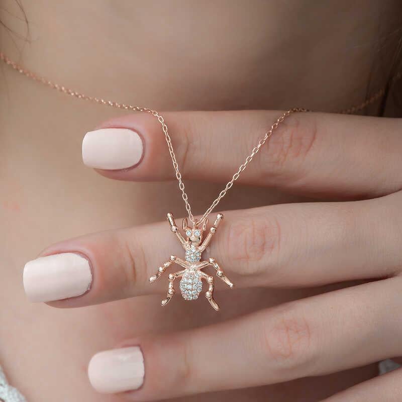 Hk Gümüş Kadın Kolye Rose Örümcek |Gümüş Takı Hediyelik Ürünler