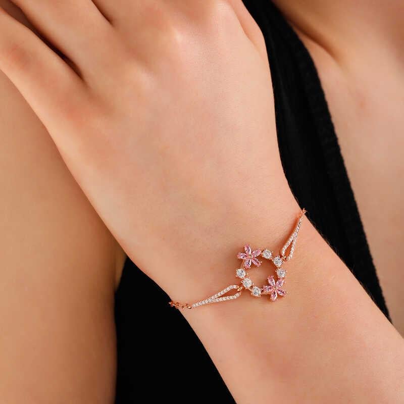 Hk Gümüş Kadın Bileklik Rose Pembe Çiçek |Gümüş Takı Hediyelik Ürünler