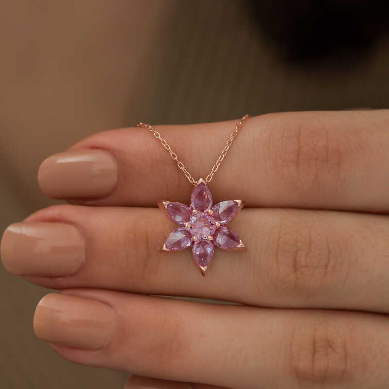 Hk Gümüş Kadın Kolye Rose Pembe Çiçek |Gümüş Takı Hediyelik Ürünler