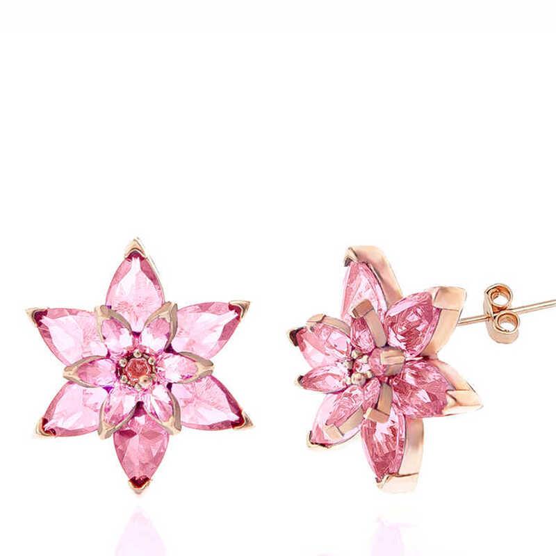 Hk Gümüş Kadın Küpe Rose Pembe Lotus Çiçeği Çivili |Gümüş Takı Hediyelik Ürünler