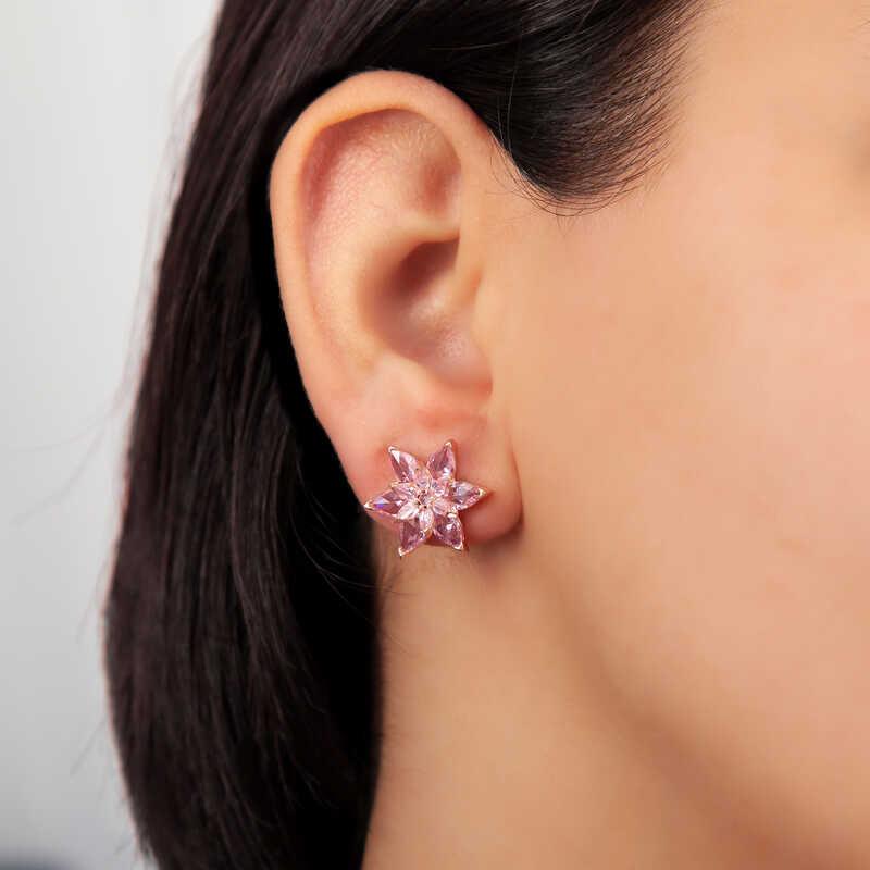 Hk Gümüş Kadın Küpe Rose Pembe Lotus Çiçeği Çivili |Gümüş Takı Hediyelik Ürünler