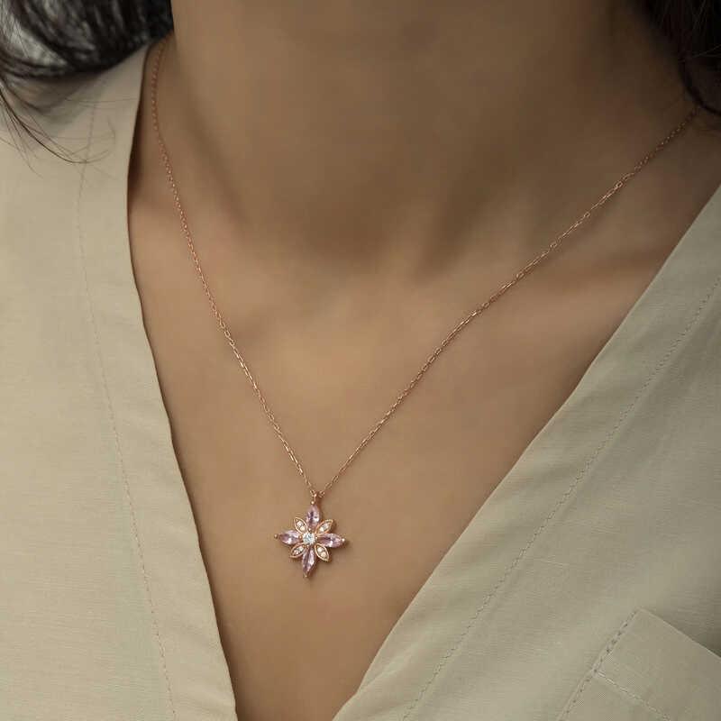 Hk Gümüş Kadın Kolye Rose Pembe Taşlı Umut Çiçeği |Gümüş Takı Hediyelik Ürünler