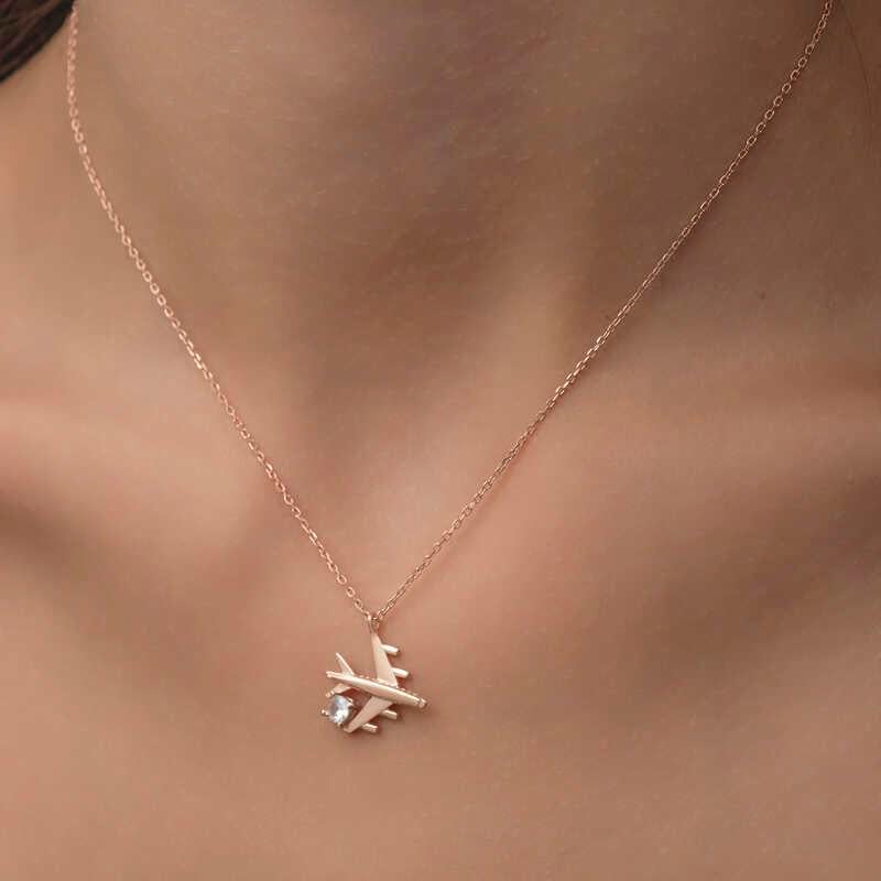 Hk Gümüş Kadın Kolye Rose Tek Taşlı Uçak |Gümüş Takı Hediyelik Ürünler