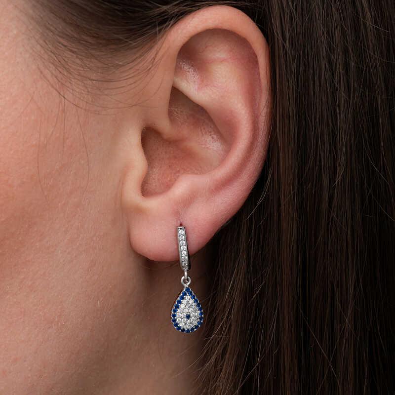 Hk Gümüş Kadın Küpe Sallantılı Damla Nazar |Gümüş Takı Hediyelik Ürünler