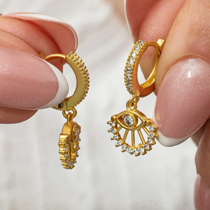 Hk Gümüş Kadın Küpe Sallantılı Gold Göz |Gümüş Takı Hediyelik Ürünler