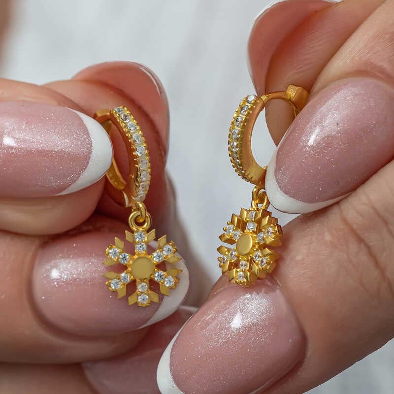 Hk Gümüş Kadın Küpe Sallantılı Gold Kar Tanesi |Gümüş Takı Hediyelik Ürünler