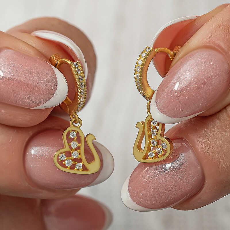 Hk Gümüş Kadın Küpe Sallantılı Gold Kuğu |Gümüş Takı Hediyelik Ürünler