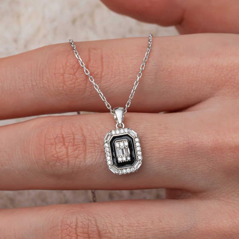 Hk Gümüş Kadın Kolye Siyah Mineli Baget |Gümüş Takı Hediyelik Ürünler