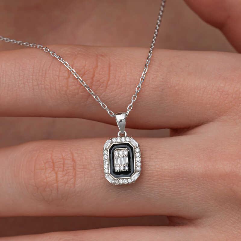 Hk Gümüş Kadın Kolye Siyah Mineli Baget |Gümüş Takı Hediyelik Ürünler