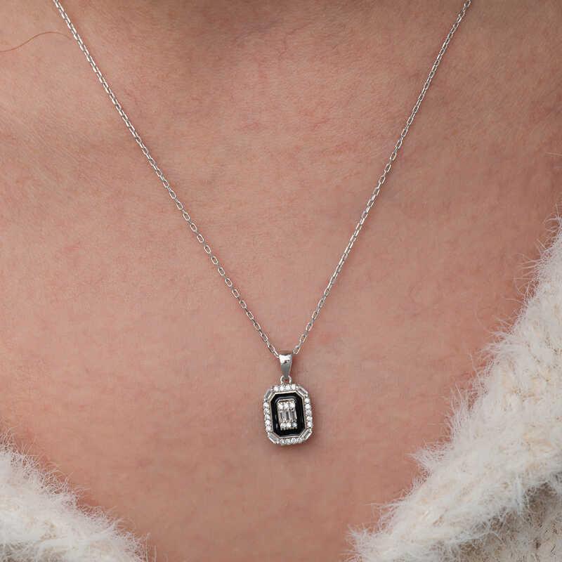 Hk Gümüş Kadın Kolye Siyah Mineli Baget |Gümüş Takı Hediyelik Ürünler