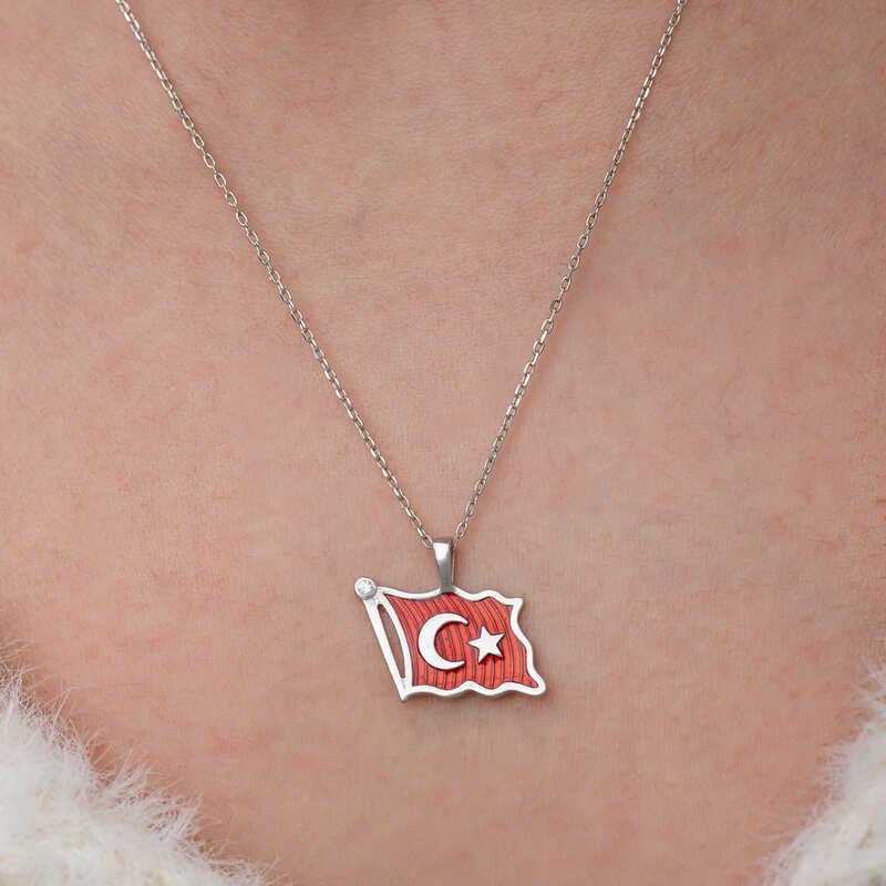 Hk Gümüş Kadın Kolye Türk Bayrağı |Gümüş Takı Hediyelik Ürünler