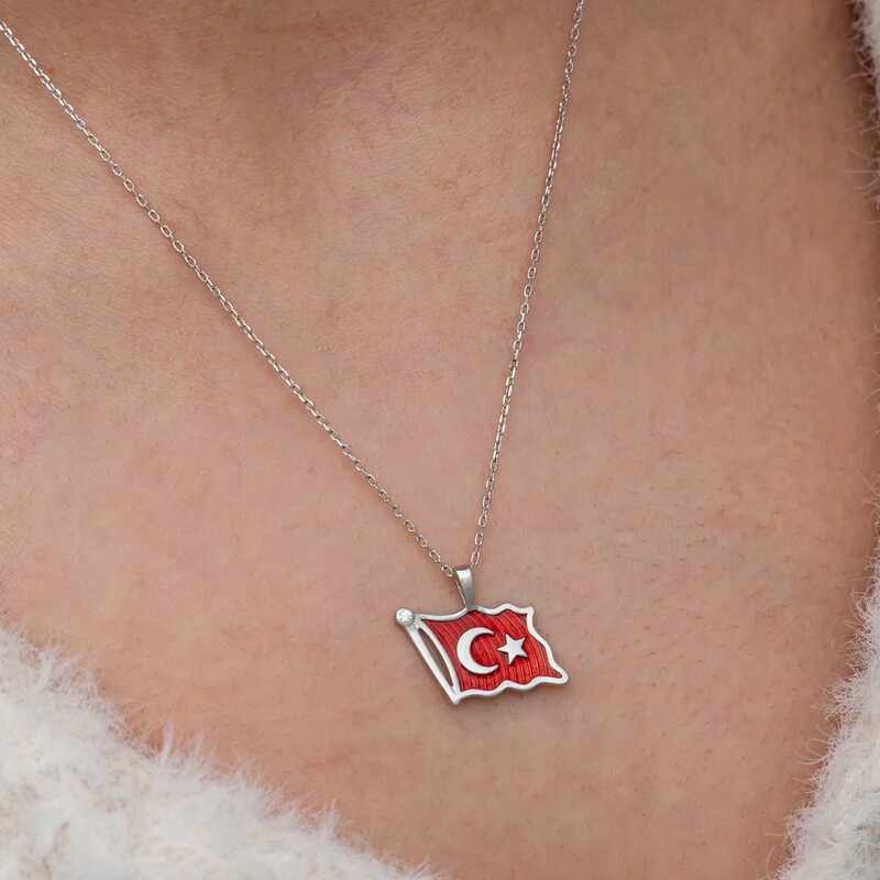 Hk Gümüş Kadın Kolye Türk Bayrağı |Gümüş Takı Hediyelik Ürünler