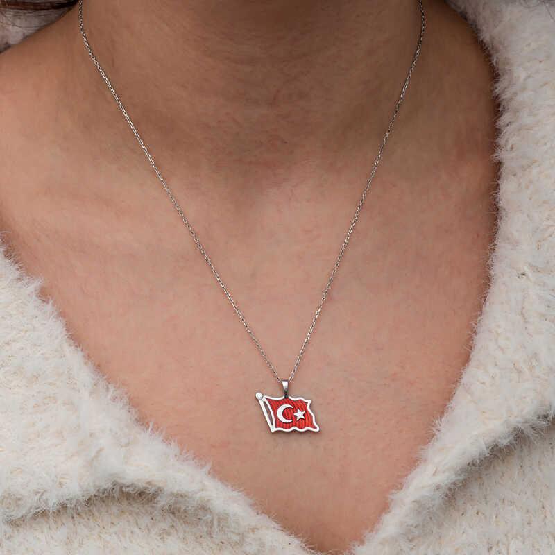 Hk Gümüş Kadın Kolye Türk Bayrağı |Gümüş Takı Hediyelik Ürünler