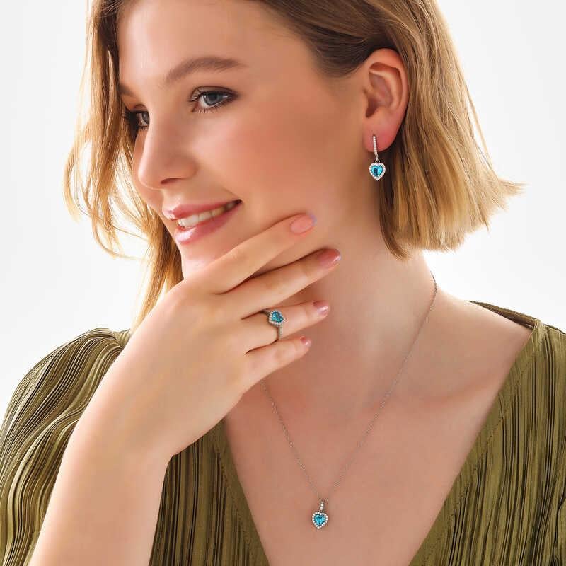 Hk Gümüş Kadın Set Turkuaz Taşlı Kalpli |Gümüş Takı Hediyelik Ürünler