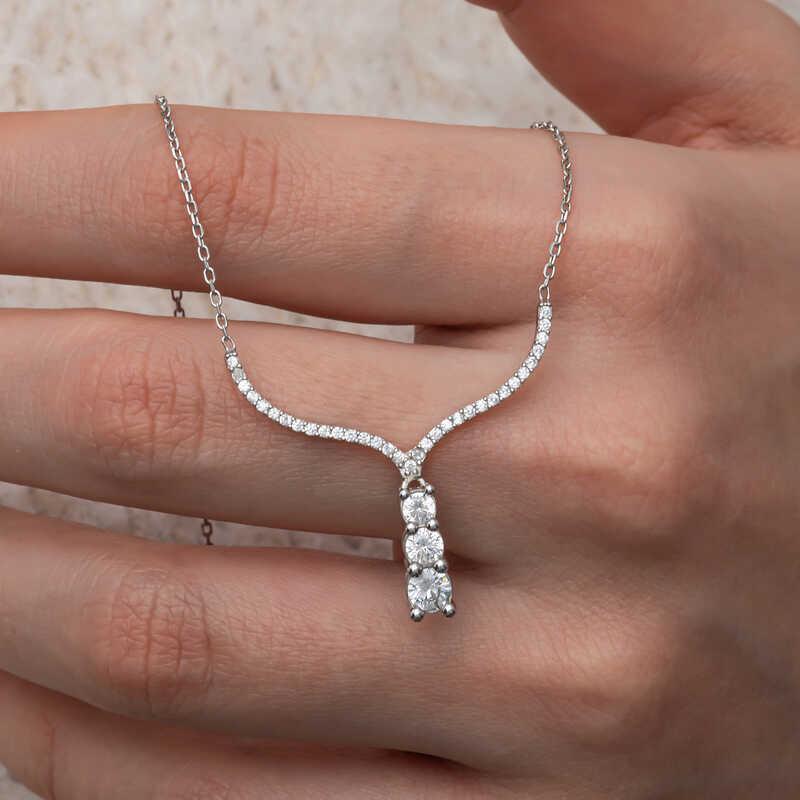 Hk Gümüş Kadın Kolye Üç Taşlı V Model |Gümüş Takı Hediyelik Ürünler