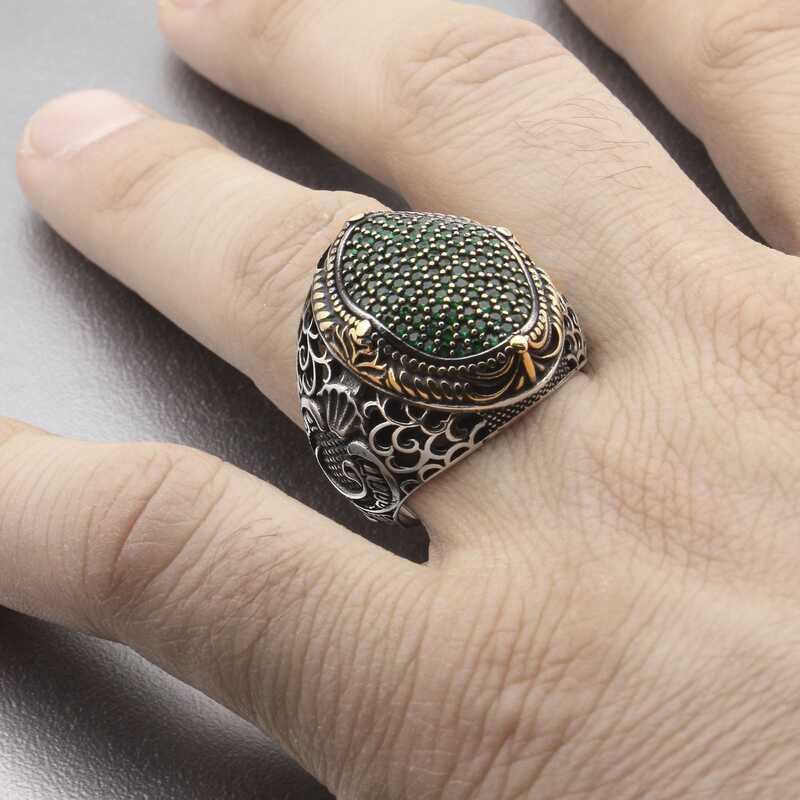 Hk Gümüş Erkek Yüzük Yeşil Zirkon Taşlı Oval |Gümüş Takı Hediyelik Ürünler