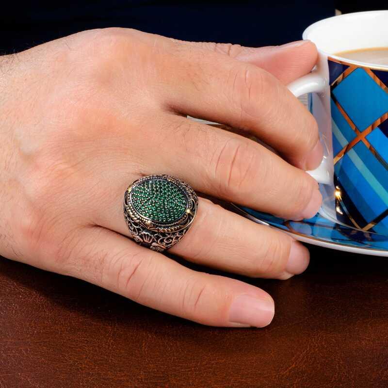 Hk Gümüş Erkek Yüzük Yeşil Zirkon Taşlı Oval |Gümüş Takı Hediyelik Ürünler
