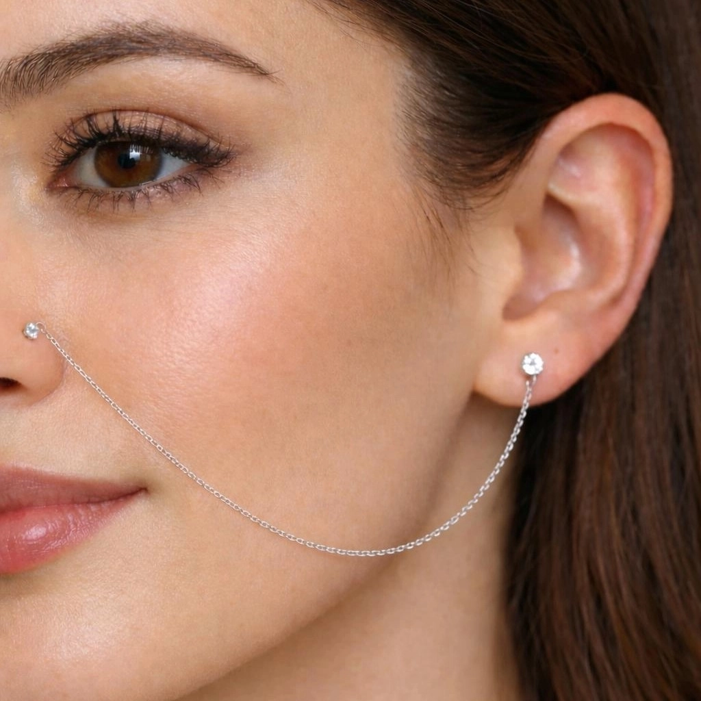Hk Gümüş Zincirli Burun Piercingi Küpe|Gümüş Takı Hediyelik Ürünler