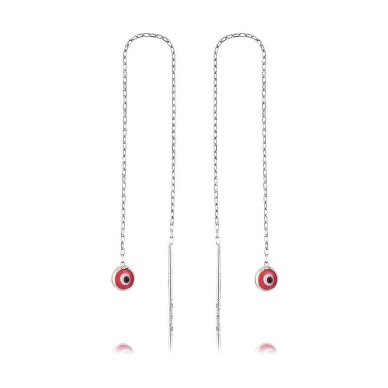 Hk Gümüş Kadın Küpe Zincirli Pembe Nazar |Gümüş Takı Hediyelik Ürünler