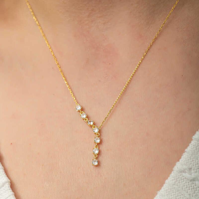 Hk Gümüş Kadın Kolye Zirkon Sıra Taşlı Gold |Gümüş Takı Hediyelik Ürünler